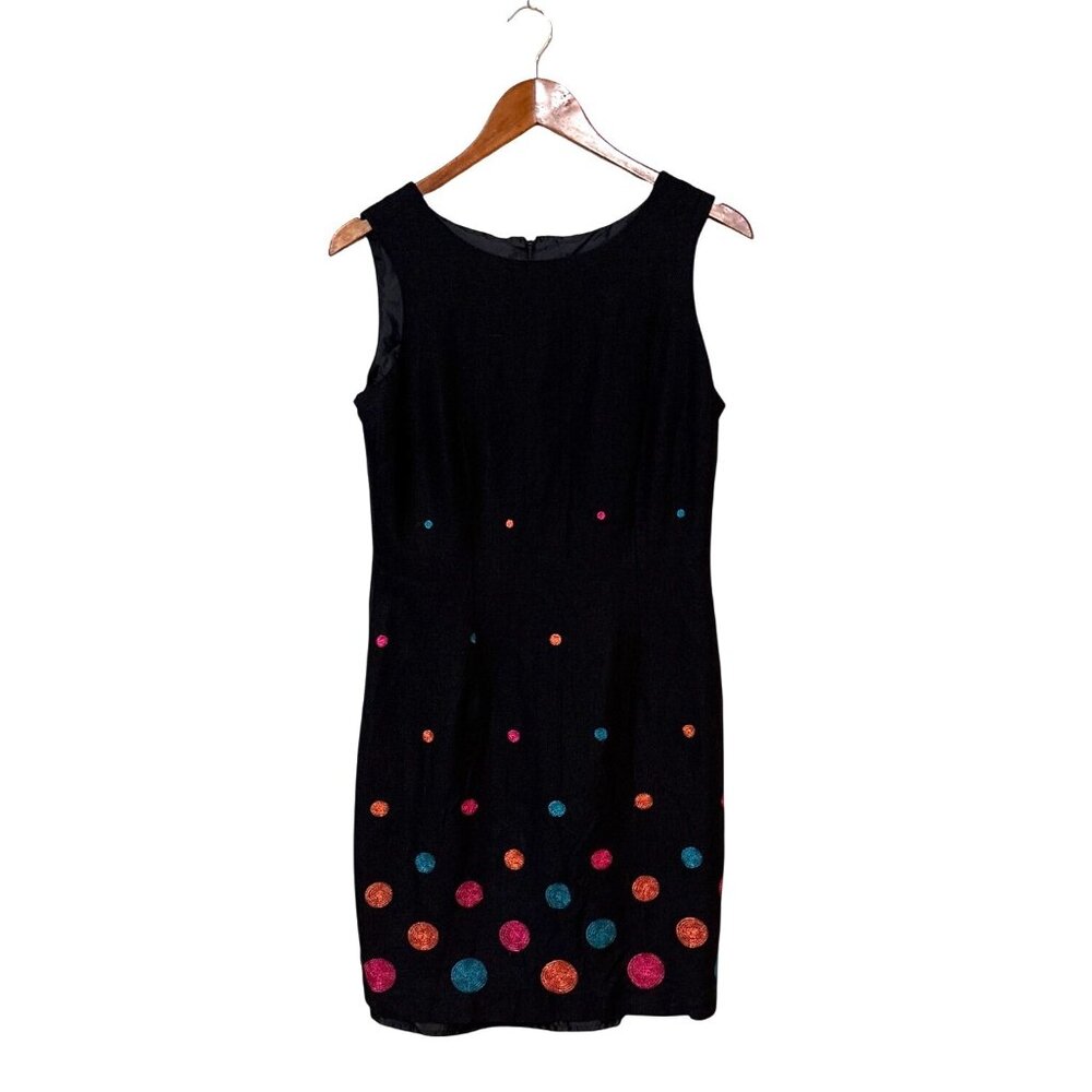 Black Sleeveless John Roberts Dress With Multicolor Polka Dot Embroidery Size 10